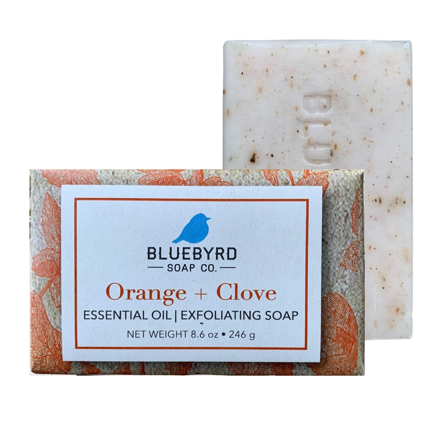 BLUEBYRD Orange & Clove Large Exfoliating Soap Bars, 100% Vegan Cold Press, Premium Scented Essential Oils, Natural Cleansing Body Scrub for Men or Women w/ Oatmeal, Olive, & Shea Butter, 8.6oz