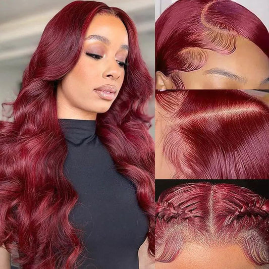 99j Burgundy Lace Front Wigs Human Hair 13x4 HD Lace Front Wigs Human Hair Pre Plucked Body Wave Glueless Frontal Wigs Human Hair 180% Density Wine Red Colored Human Hair Wigs For Women 20 Inch