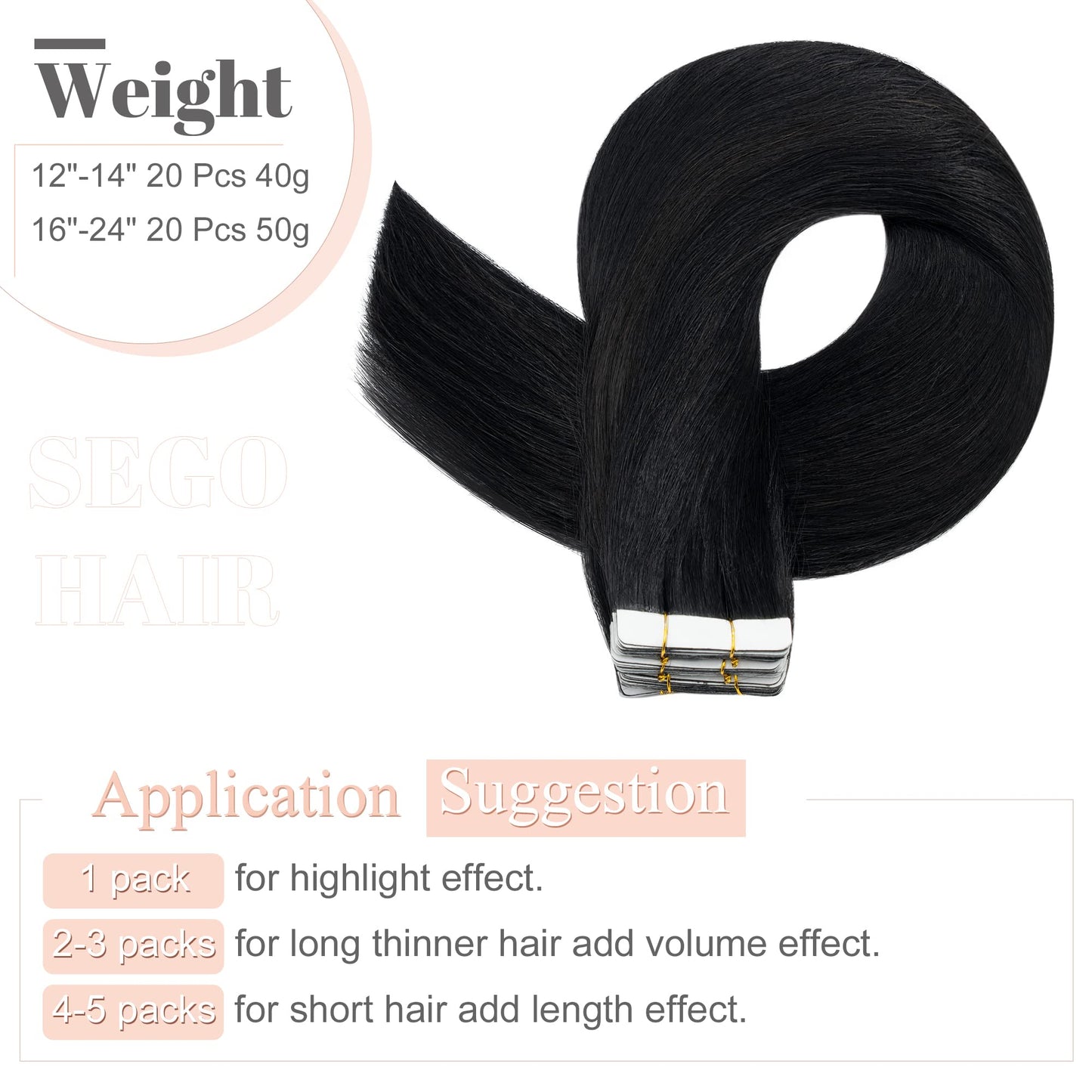 SEGO Tape in Hair Extensions Human Hair 18 Inch 100g 40pcs Natural Straight 100% Remy Rooted Seamless Skin Weft Invisible Double Sided Tape Hair for Women-Jet Black