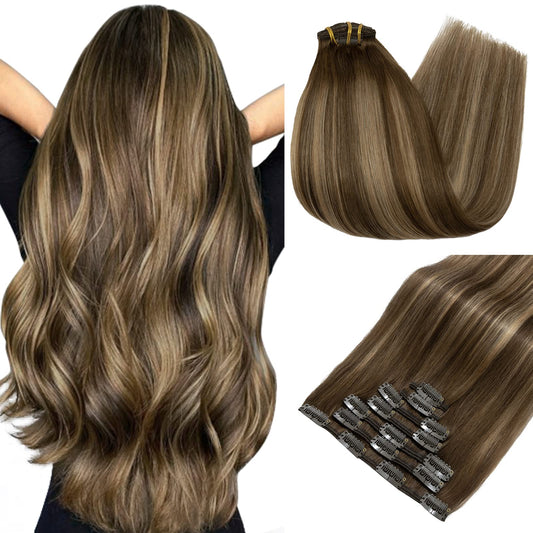 SEGO Hair Extensions Clip In Extensions Real Human Hair Seamless Balayage Clip in Hair Extensions Double Weft For Women Natural Straight 14/16/18/20/22″ 7PCS 120g