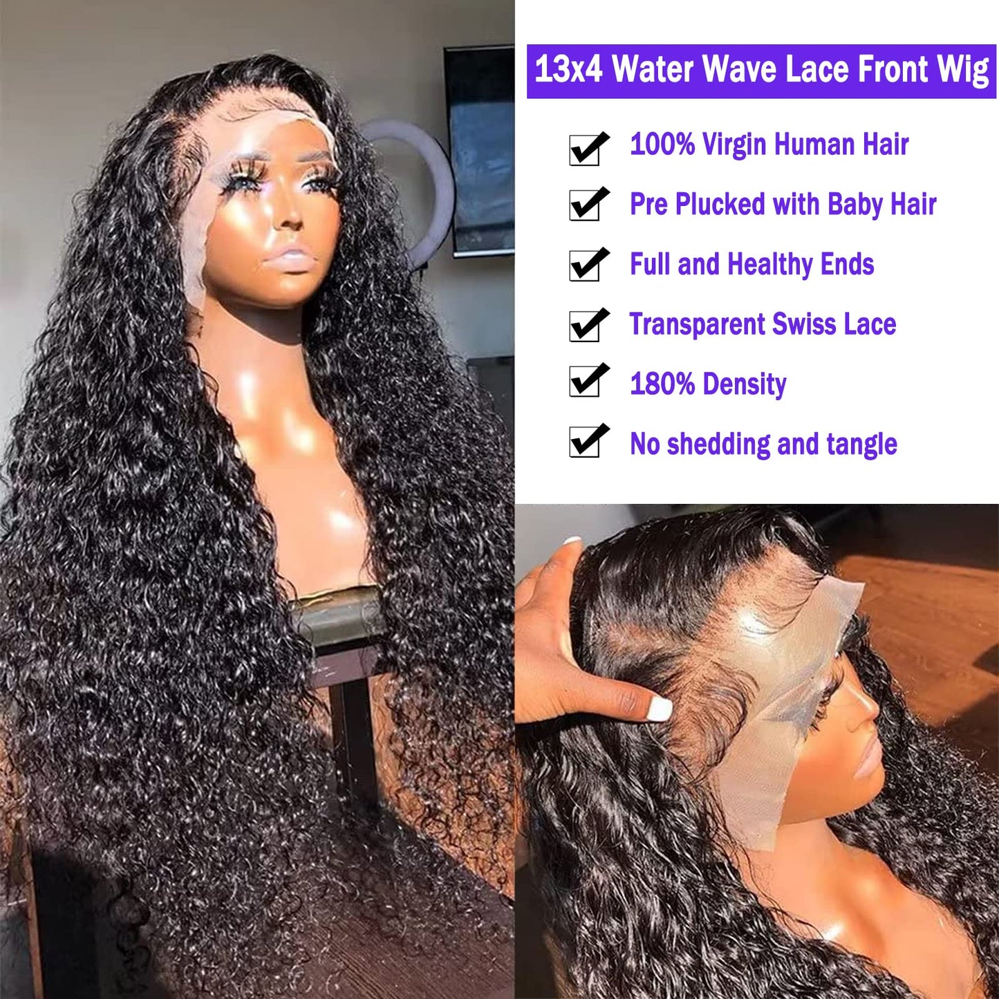 ONECHULY Water Wave Lace Front Wigs Human Hair 180% Density Pre Plucked with Baby Hair 13x4 Hd Transparent Water Wave Lace Frontal Wigs 22Inch Wear and go Glueless Wet and Wavy Wig for Women