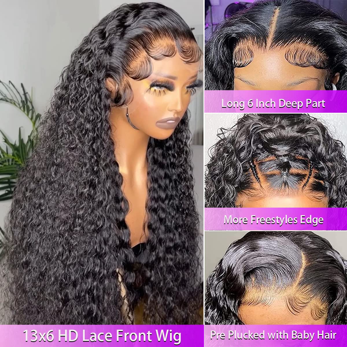 UPIGUILK Glueless HD Lace Front Wigs Human Hair Deep Wave 13x6 HD Lace Frontal Wigs Human Hair Pre Plucked with Baby Hair Curly Wigs for Black Women Human Hair 180% Density Natural Color 16 inch