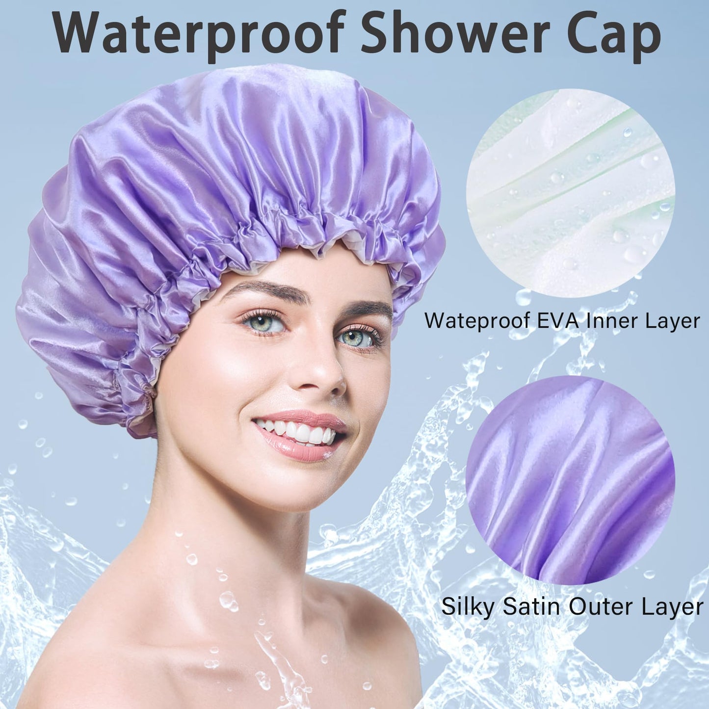 vidsel Shower Cap for Women Reusable Shower Caps Waterproof, Large Double Layer Bath Hair Cap for All Hairstyles