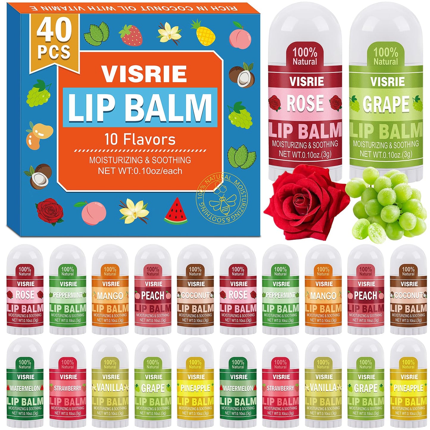 VISRIE Mini Lip Balm 40 Count, Lip Balm Bulk with Vitamin E & Coconut Oil, Moisturizing Lip Balm for Dry Cracked lips - 10 Flavors