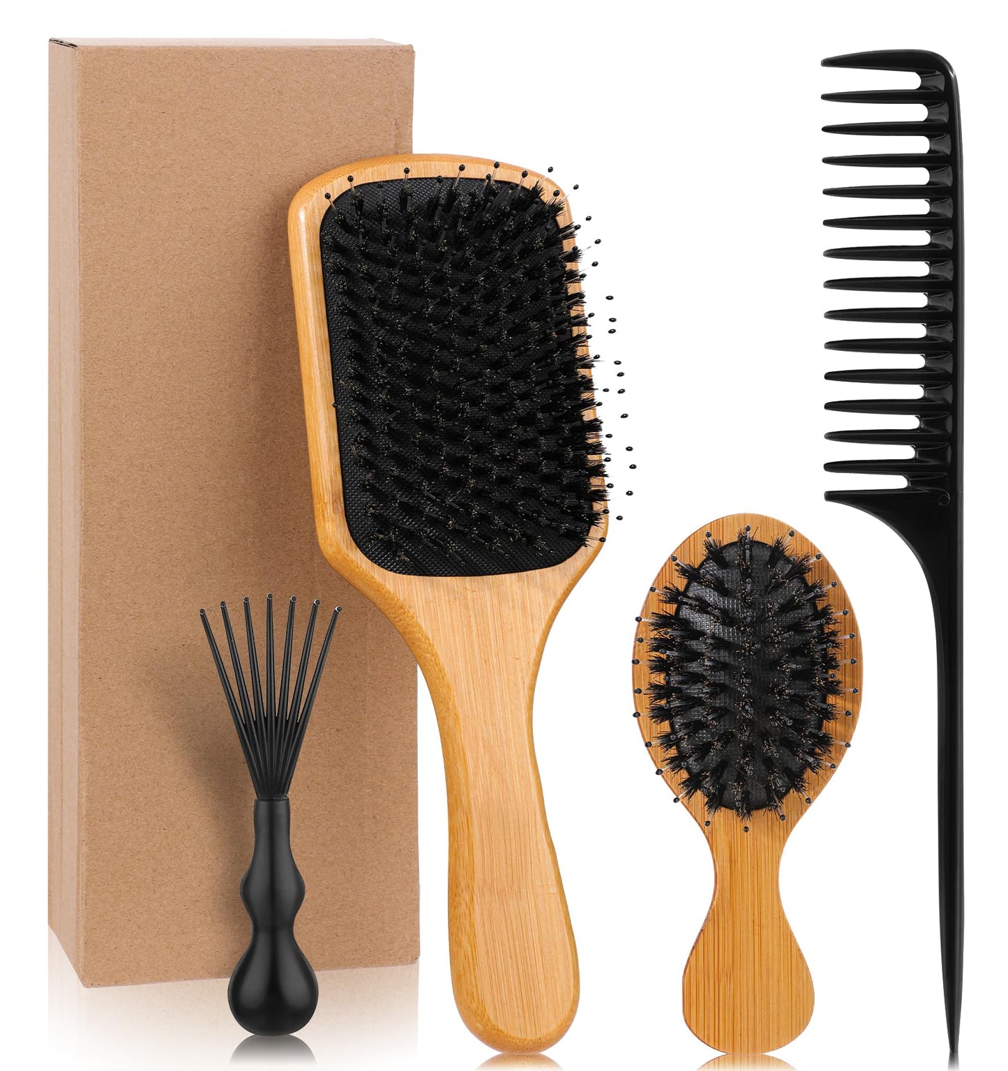 Boar Bristle Paddle Brush, Styling Comb and Brush Set, Hairbrushes and Combs, Wooden Boar Bristle Hair Brush, Brush Paddle for All Hair Type, Travel, Home, Detangling Smoothing Massaging