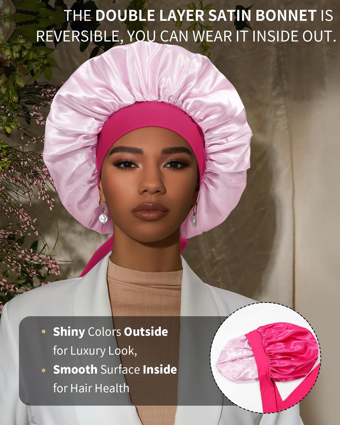 Satin Bonnet for Women Silk Bonnets for Sleeping Curly Hair Bonnet with Elastic Tie Band Reversible Double Layer Sleep Cap Hair Wrap (Rose Red + Pink)