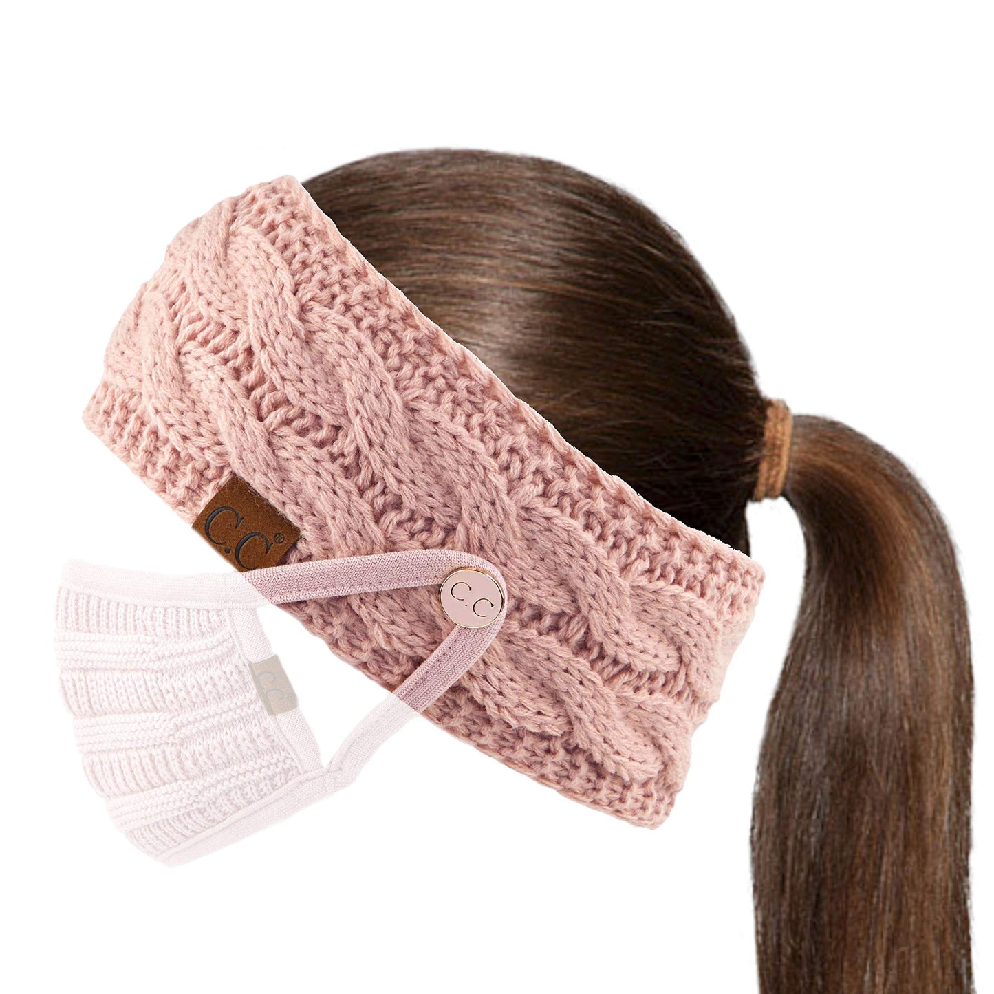 C.C Winter Fuzzy Fleece Lined Thick Knitted Headband Headwrap Epoxy Button for Face Masks (BHW-1) (A Button Rose)