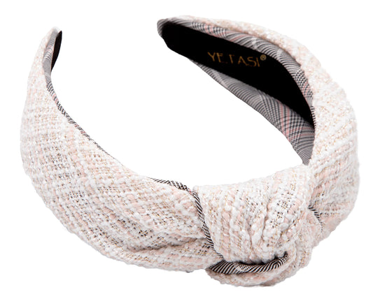 YETASI Tweed Off White Knotted Headband for Women with Hints of Pink and Gold Threading is Unique. White Headbands for Women with Knot