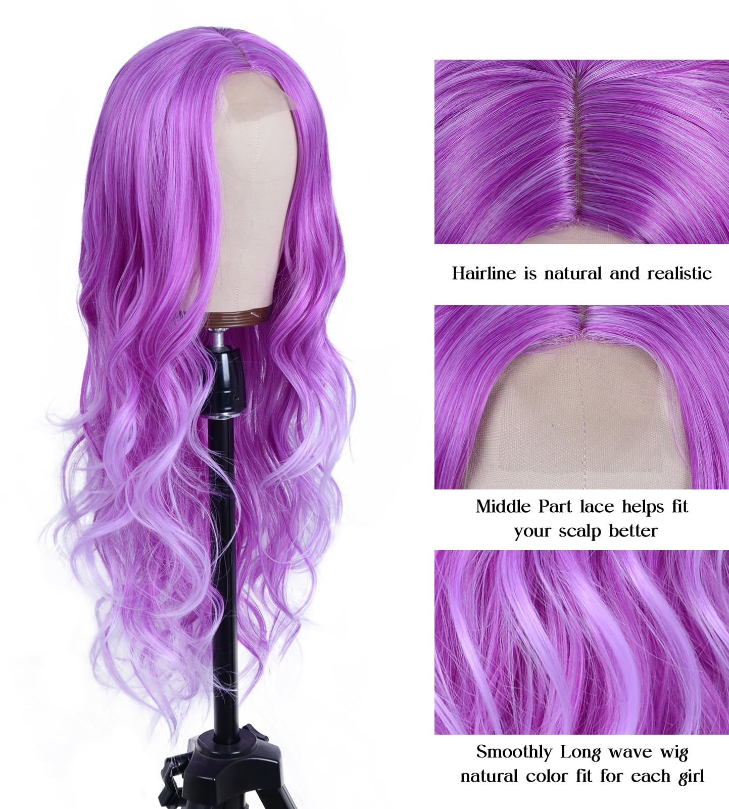 Aida ble Long Purple Wavy Wig for Women 26inch Lavender Purple Wavy Wig Natural Curly Synthetic Heat Resistant Wigs for Girls Halloween Cosplay Daily Party Use