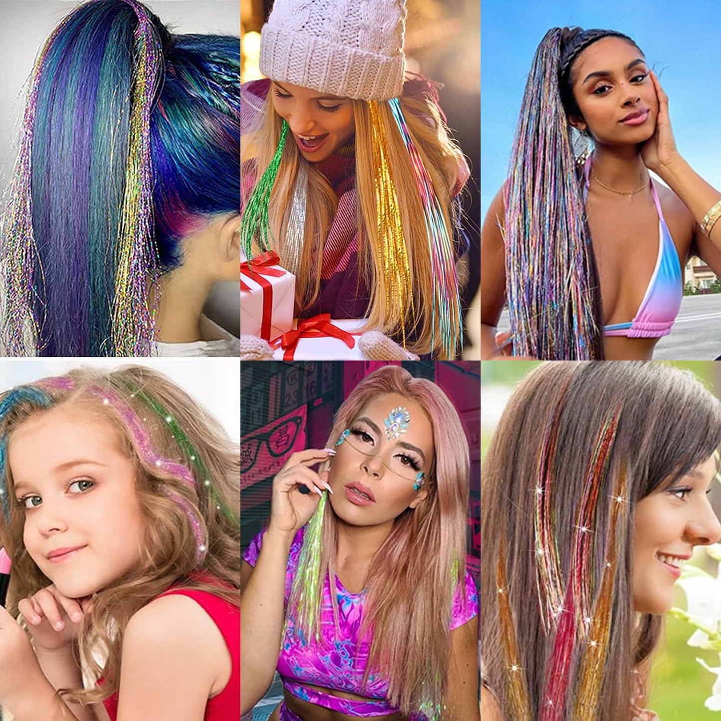 SOYZMYX 12PCS Tinsel Hair Extensions Glitter Hair Extension Clip in Gold Sparkling Fairy Hair Tinsel Kit Shiny Highlights Colorful Heat Resistant Hair Accessories for Girls New Year Party(Silver)