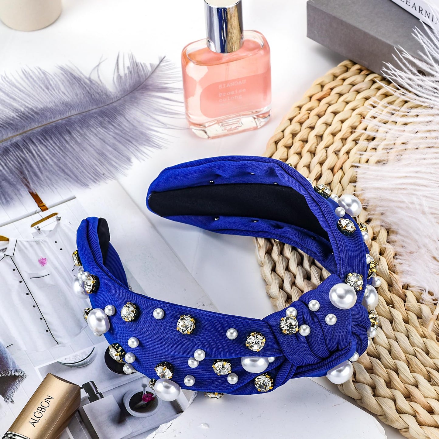 Zkptops Knotted Headband Pearl Rhinestone Headband for Women Beaded Wide Cute Adults Headwear Turban Bride Hairband Fashion Non Slip Sparkly Headpiece Hair Accessory Bachelorette Party Gift(Navy Blue)