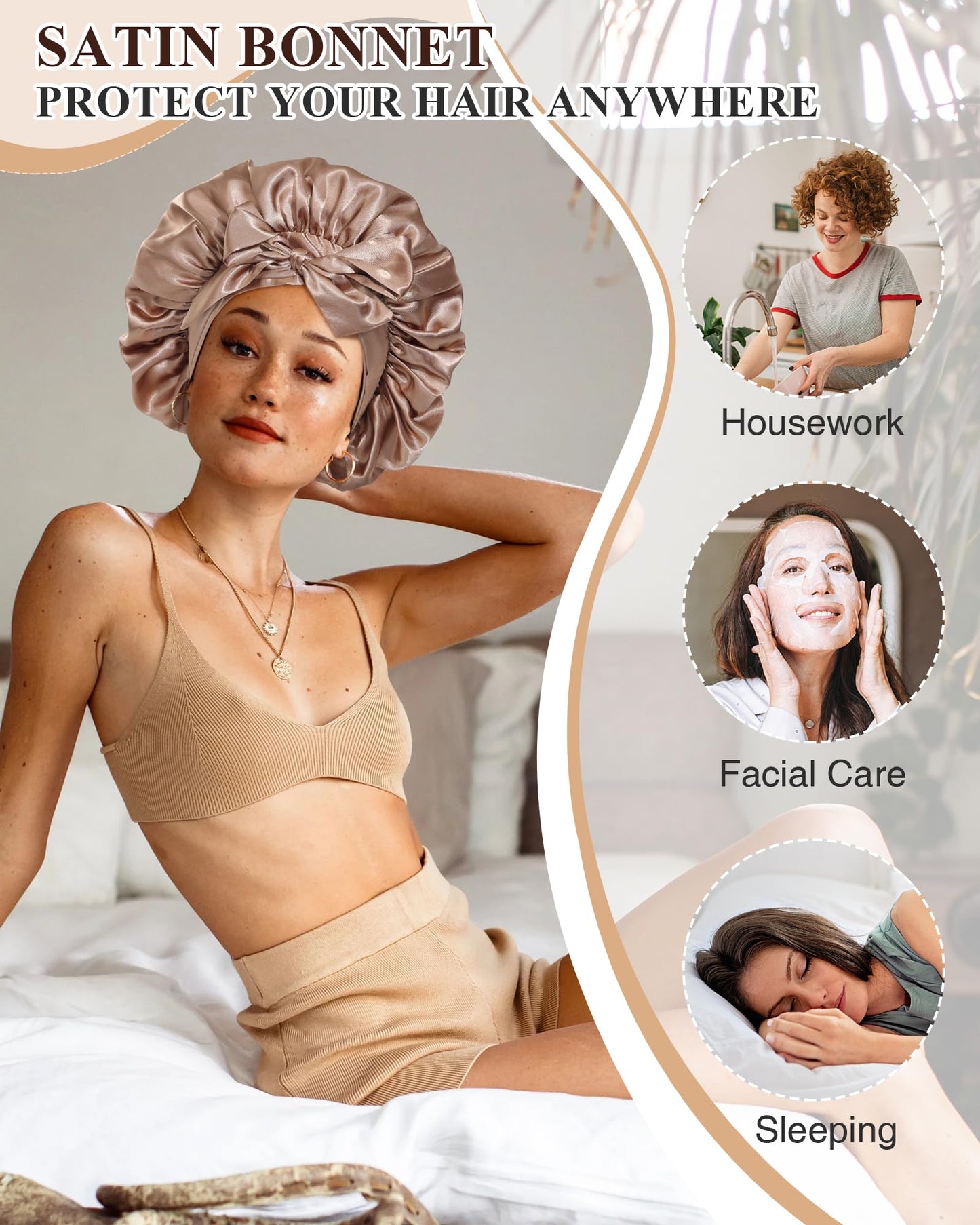 2PCS Satin Bonnet Silk Bonnet for Sleeping Women Curly Hair Bonnet with Tie Band Bonnet Sleep Cap (US, Numeric, 7 7/8, 8, Beige + Champagne)
