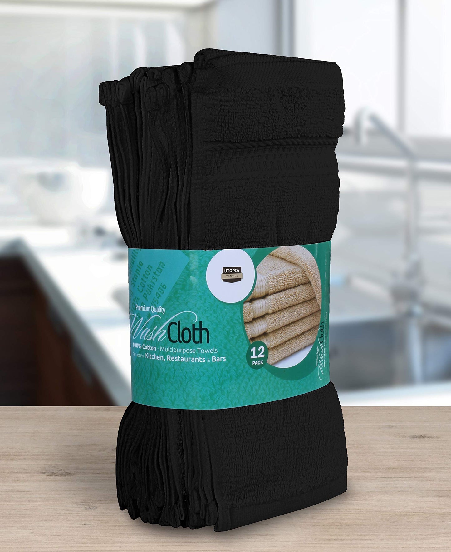 Utopia Towels [12 Pack Premium Wash Cloths Set (12 x 12 Inches) 100% Cotton Ring Spun, Highly Absorbent and Soft Feel Essential Washcloths for Bathroom, Spa, Gym, and Face Towel (Black)