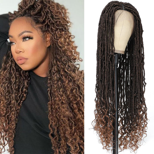 POSYTRESS 36 Inch Goddess Faux Locs Braided Wigs for Women Embroidery Lace Front Braided Wig with Curly Ends Knotless Full Lace Synthetic Goddess Locs Wig Brown Color Square Based Braided Wigs (#30)