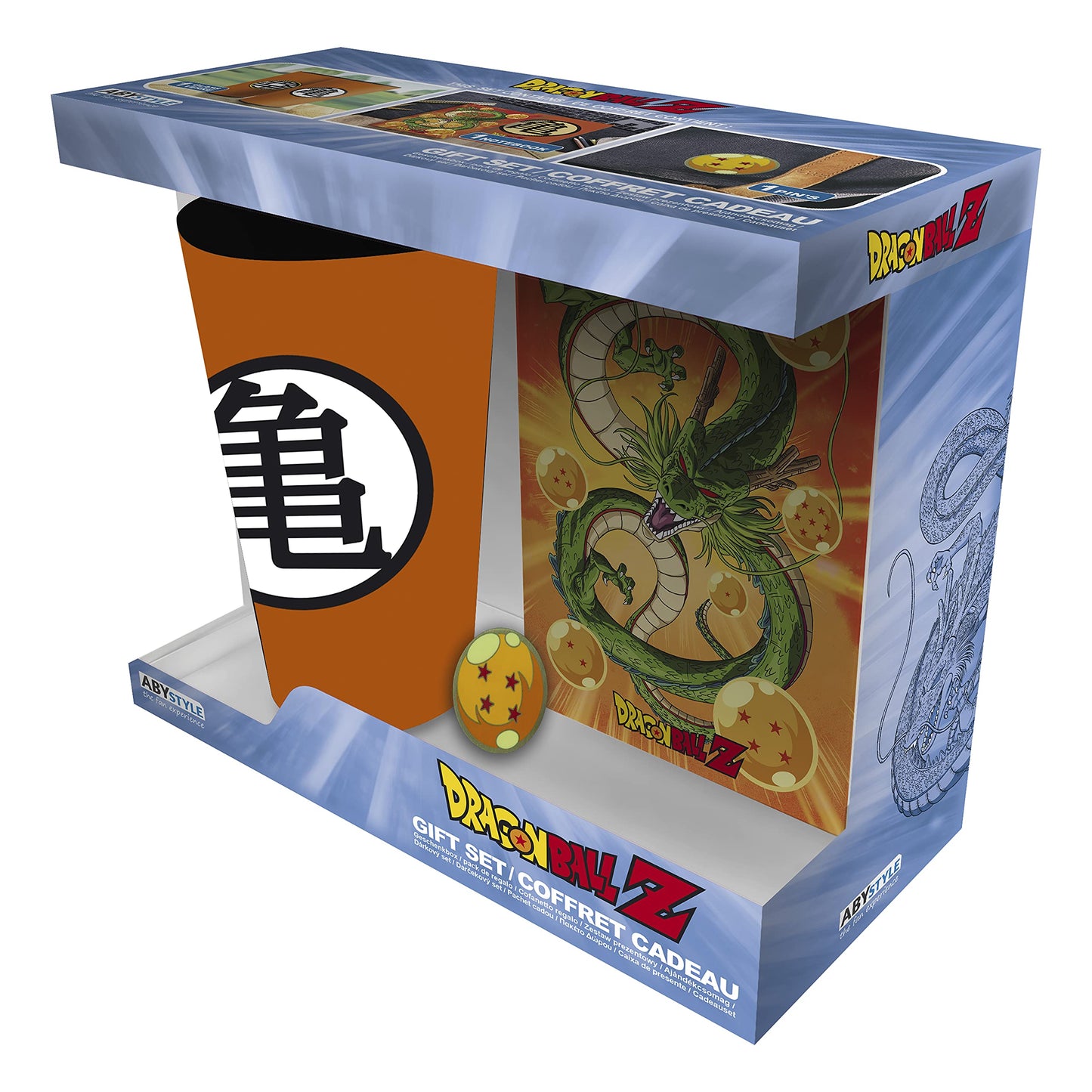 ABYstyle Dragon Ball Z Gift Set Includes 16 Oz Kame Symbol Drinkware Glass, 4 star Dragon Ball Pin & Shenron Hardcover Journal DBZ Merch Anime Manga Gift 3 Pcs