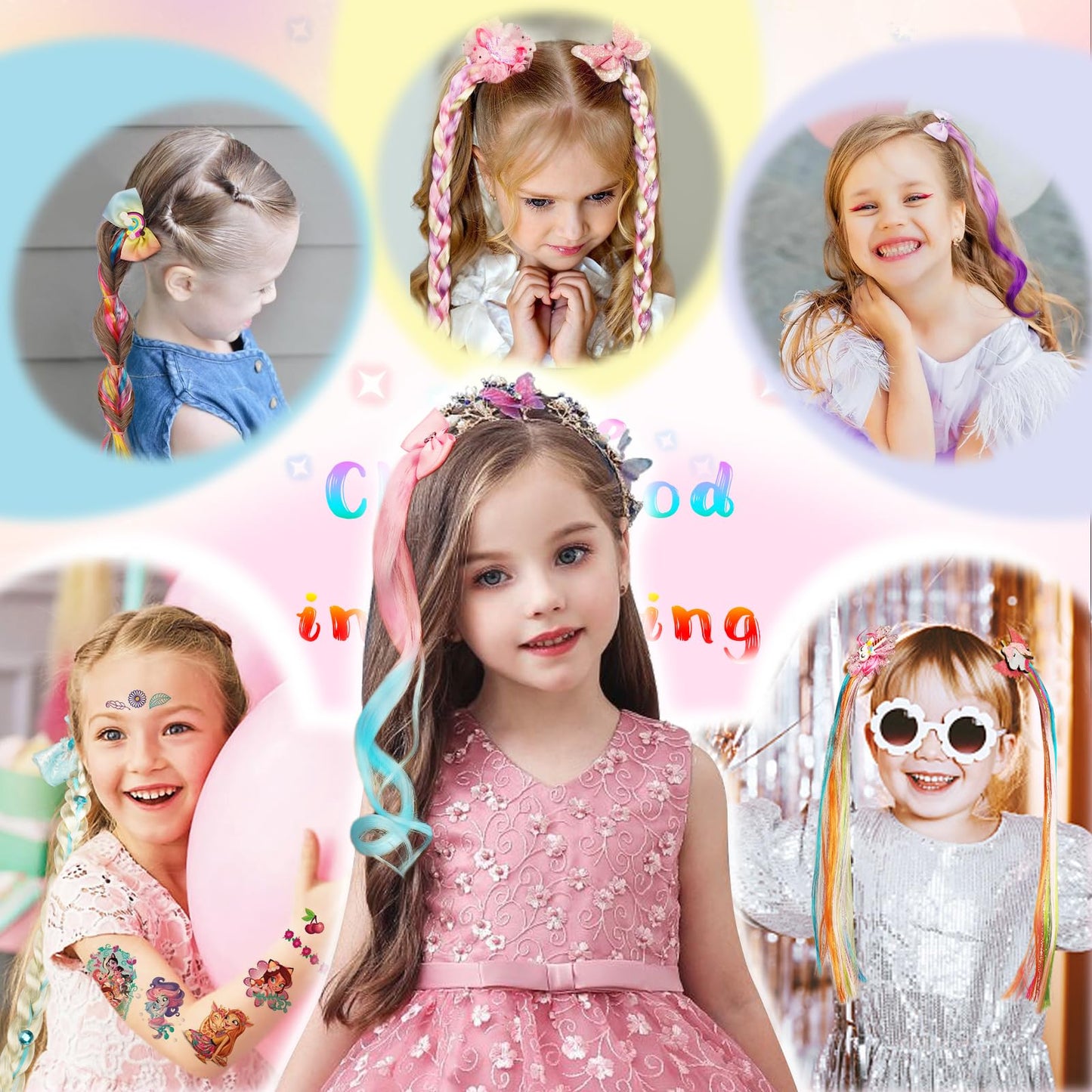 SOFEIYAN 5 Pcs Colored Hair Clips for Girls 11.8 in Wavy Curly Hair Extensions Cute Rainbow Hair Bows Princess Dress Up Hair Accessories for Kids Toddler Birthday Gifts