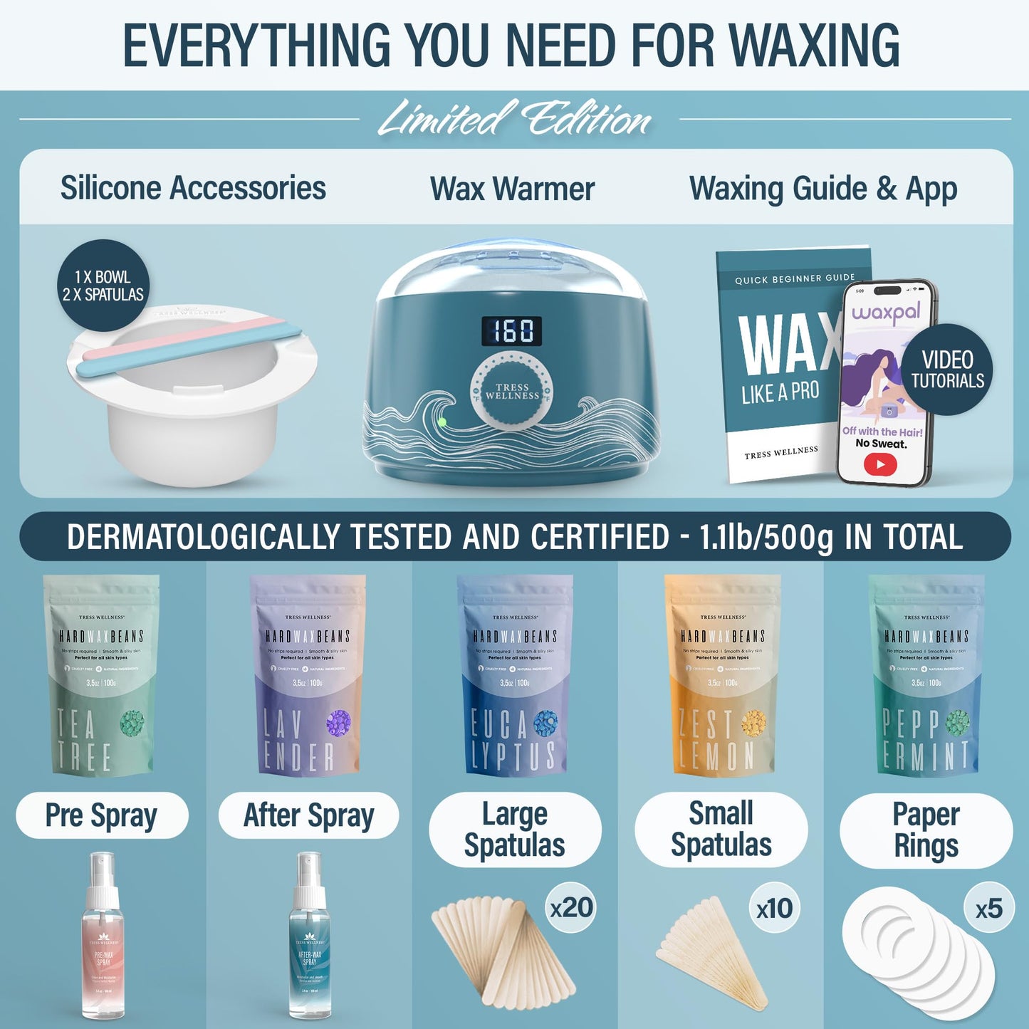 Tress Wellness Blue Wax Warmer Kit with White Wax Melting Bowl