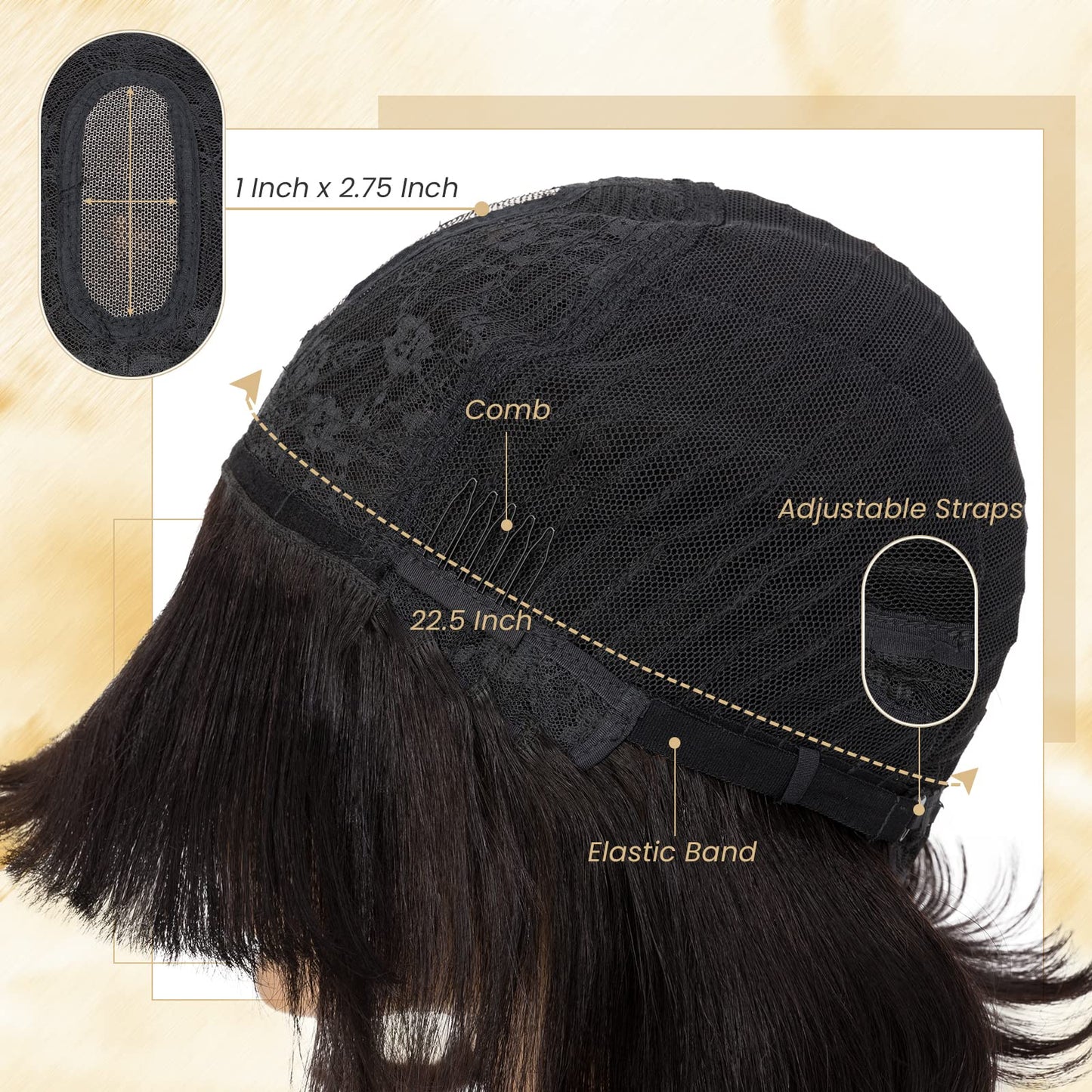 TESSHAIR 10 Inch Light YAKI Short Bob Wig Human Hair with Bangs, Black Blunt Cut Bob Wig Straight Glueless Headband Wigs for Women, Realistic Large Lace Scalp 180% Density 100% Human Hair
