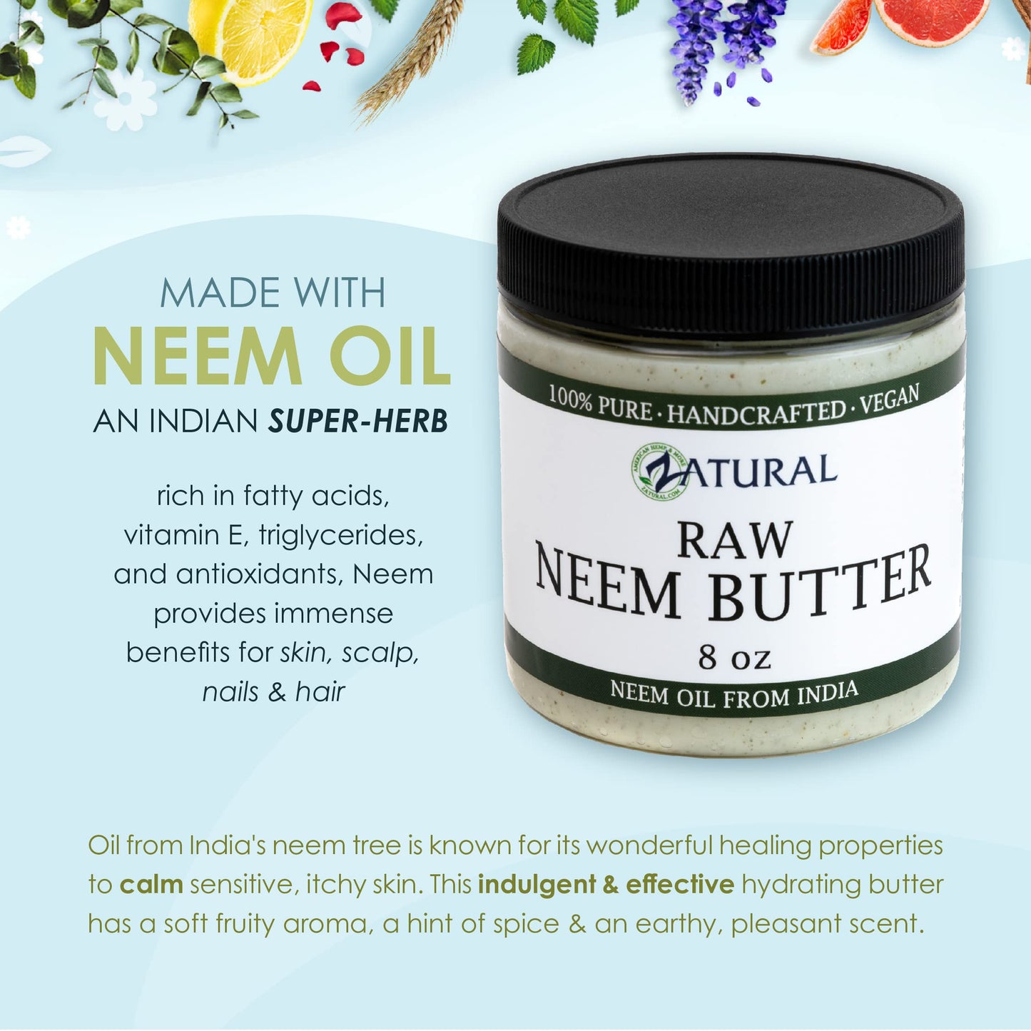 Organic Neem Butter-Coconut Oil, Neem Oil, Neem Leaf, Marula Oil, Kokum Butter, Rosemary, For Sensitive Skin, Itchy Skin, 4 Pack, 8 oz. Jars