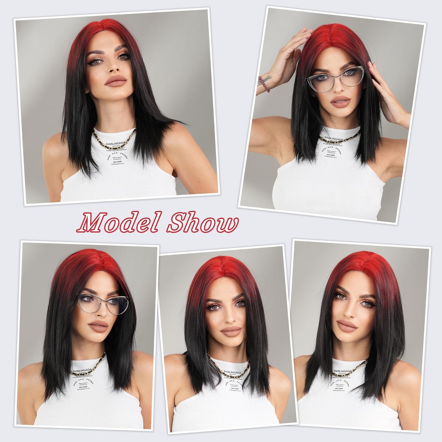PARK YUN Red black Ombre Shoulder Length Straight Wig 19 Inch Short Straight Layered Wig Middle Part Synthetic Heat Resistant Wig for Women Daily Party used.