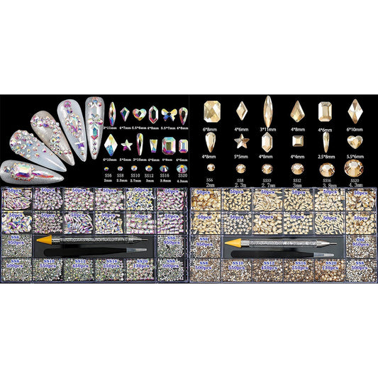 4880Pcs Rhinestones for Nail, AB Champagne Crystal Nail Rhinestones Set, Nail Round Beads Flatback Glass Gems Stones, Multi Shapes Nail Rhinestones for Nail DIY Crafts Clothes Shoes Jewelry