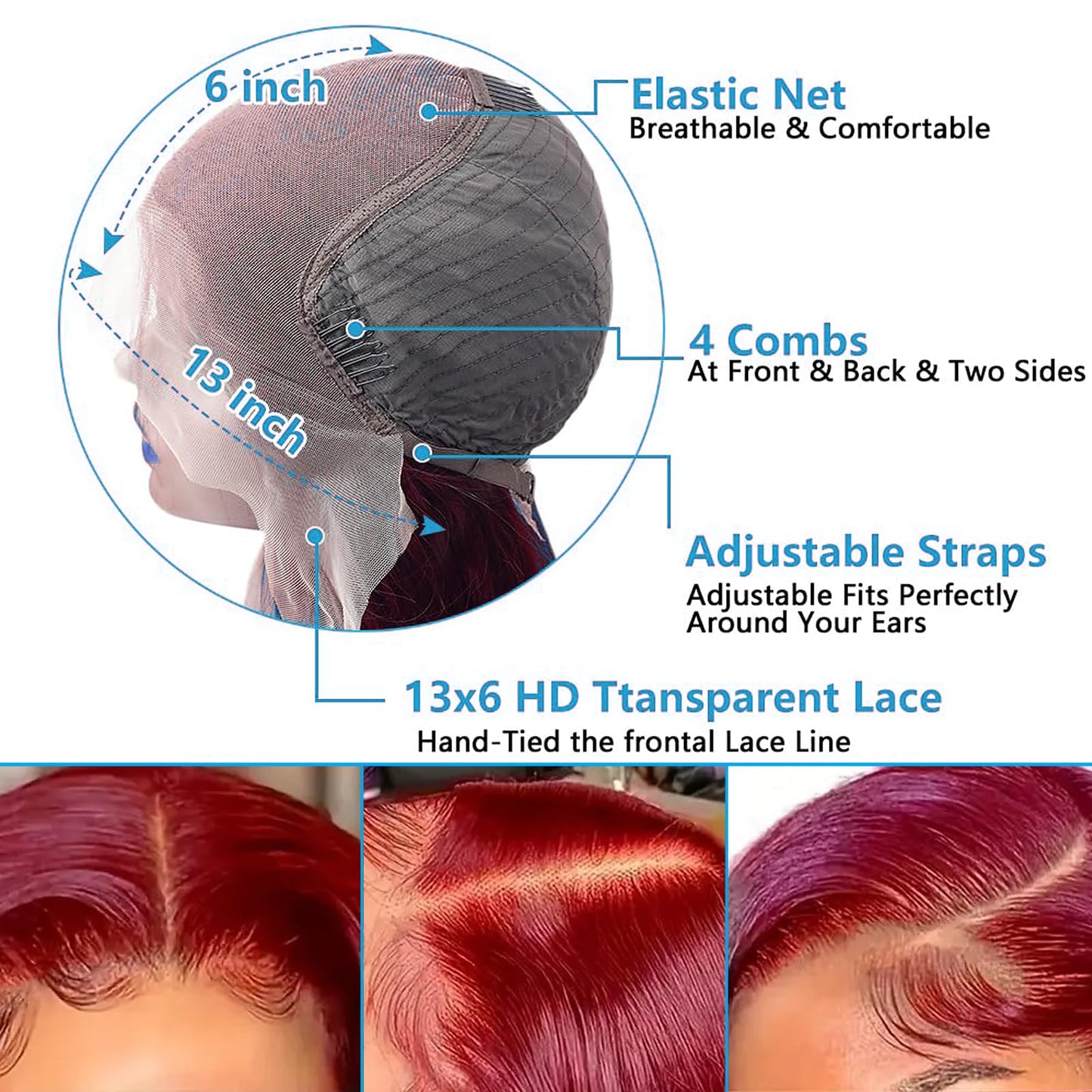 usmoother 99j Burgundy Straight HD Lace Front Human Hair 13x6 Lace Front Wigs Human Hair 200 Density Red Colored Pre Plucked Pre Cut Human Hair Wigs 18 Inch Burgundy Red Human Baby Hair For Women