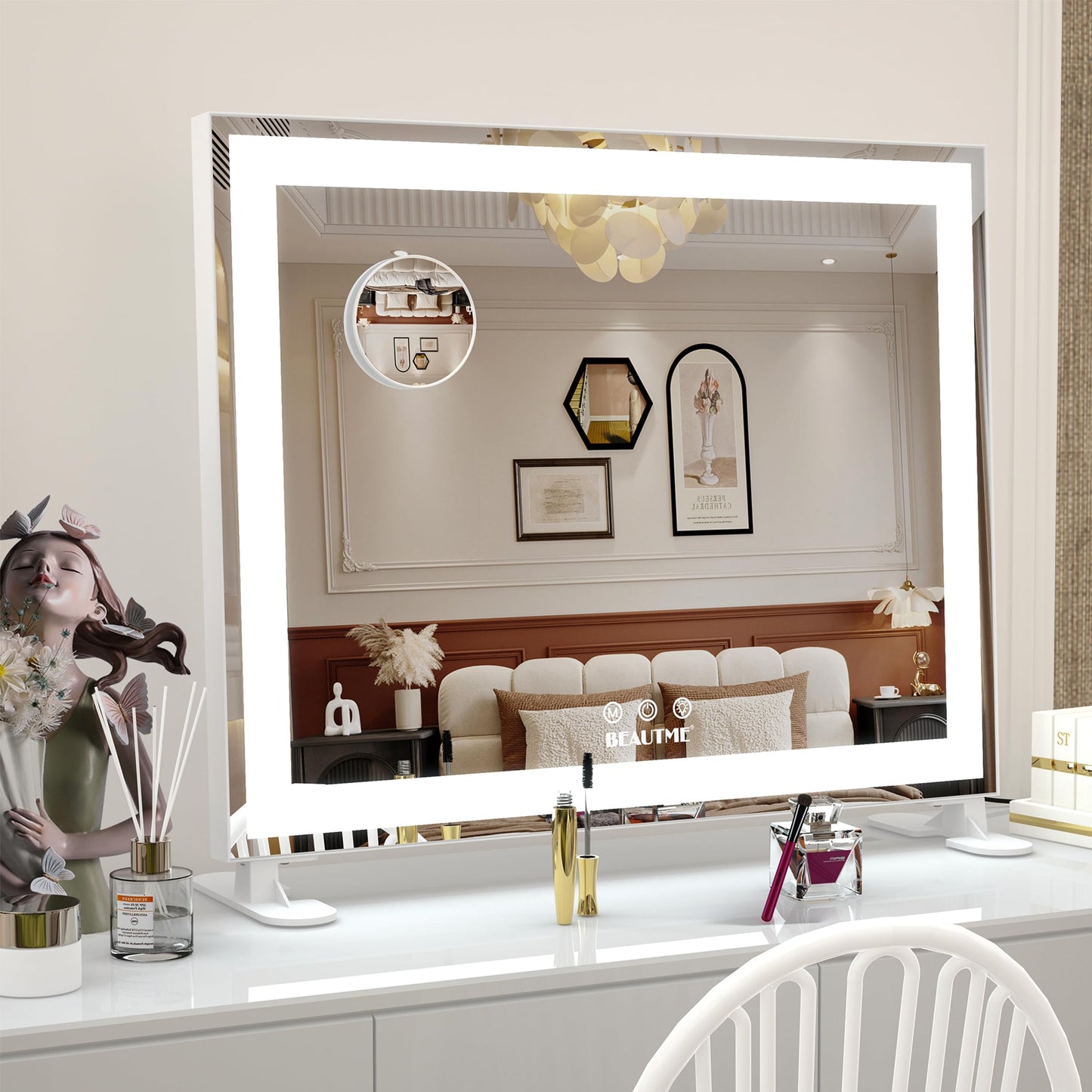 BEAUTME Vanity Mirror,Tabletop Makeup Mirror,Hollywood Mirror,LED Bedroom Mirror with Lights,Lighted Mirror, Aluminium Frame,48.5×40.5cm,White