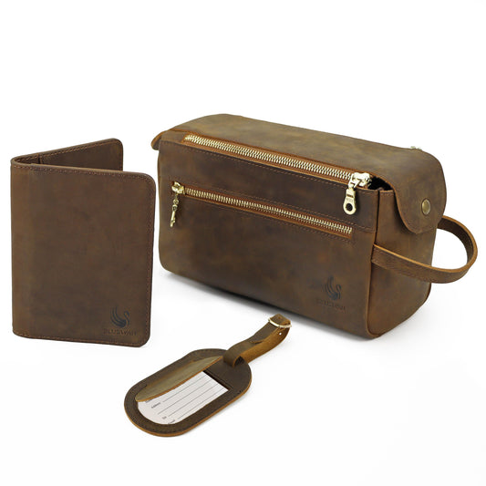 Bluswan Travel Gift Set – Travel Gifts Guide for Men and Women with TSA Approved Travel Toiletry Bag, Luggage Tag, RFID Passport Holder – Crazy Horse Leather Travel Bag – groomsman gift