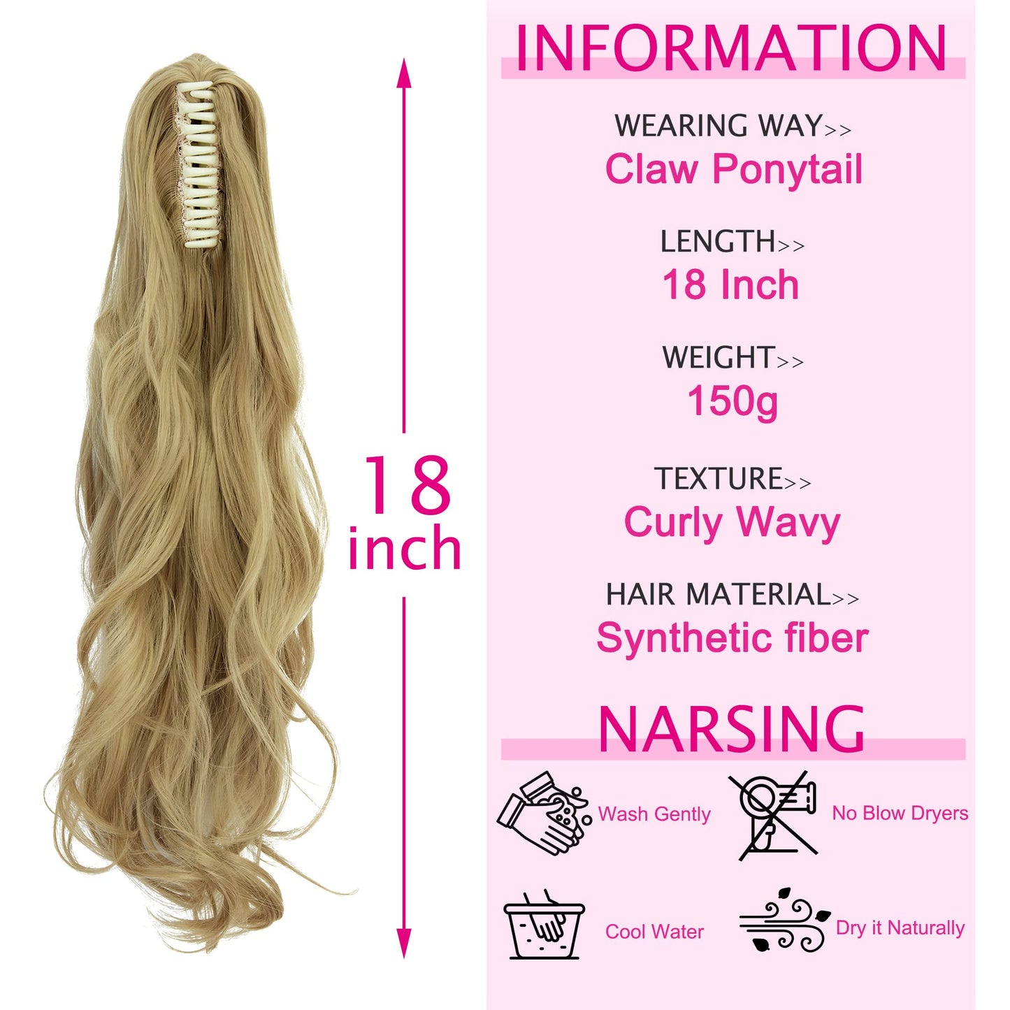OMGREAT Claw Ponytail Hair Extension One Piece Cute Clip in on Ponytail Claw Synthetic Straight Curly Hairpieces 18" Curly Ash Blonde