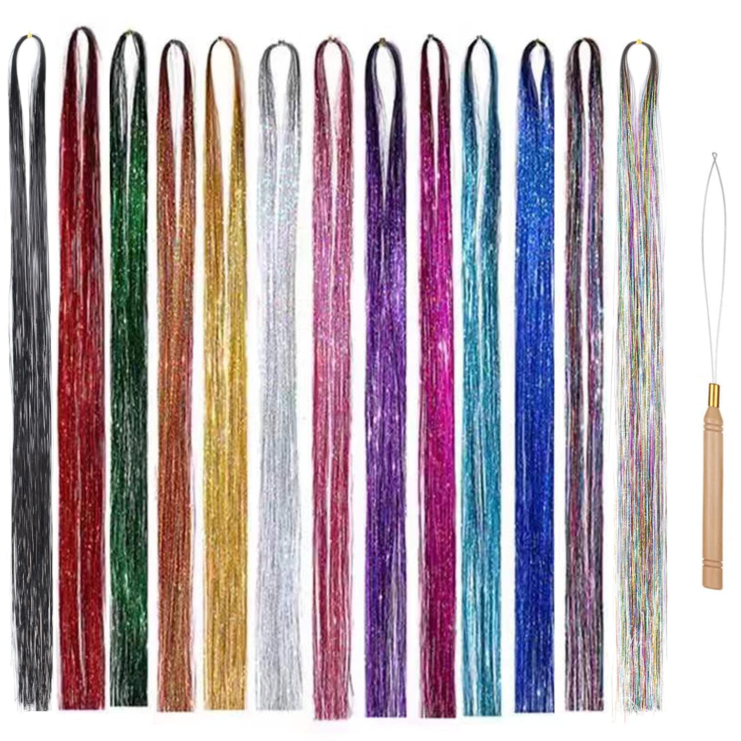 13 Colors Tinsel Hair Extensions-48 Inches Hair Tinsel Kit 2600 Strands Mixed Colors Tinsel Hair Extensions for Women Girls,Heat Resistant Sparkling Shiny hair tinsel kit