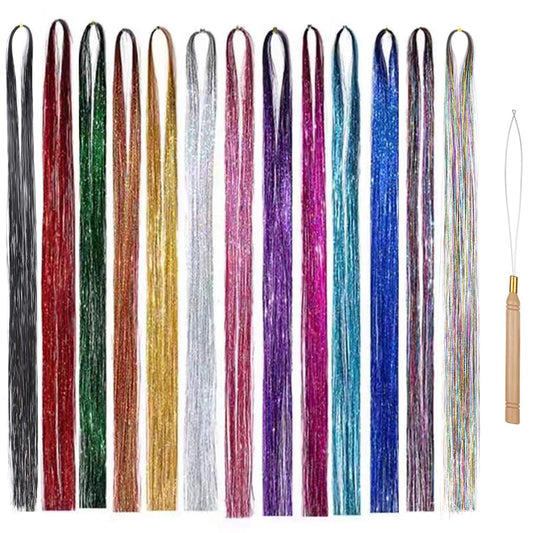 13 Colors Tinsel Hair Extensions-48 Inches Hair Tinsel Kit 2600 Strands Mixed Colors Tinsel Hair Extensions for Women Girls,Heat Resistant Sparkling Shiny hair tinsel kit