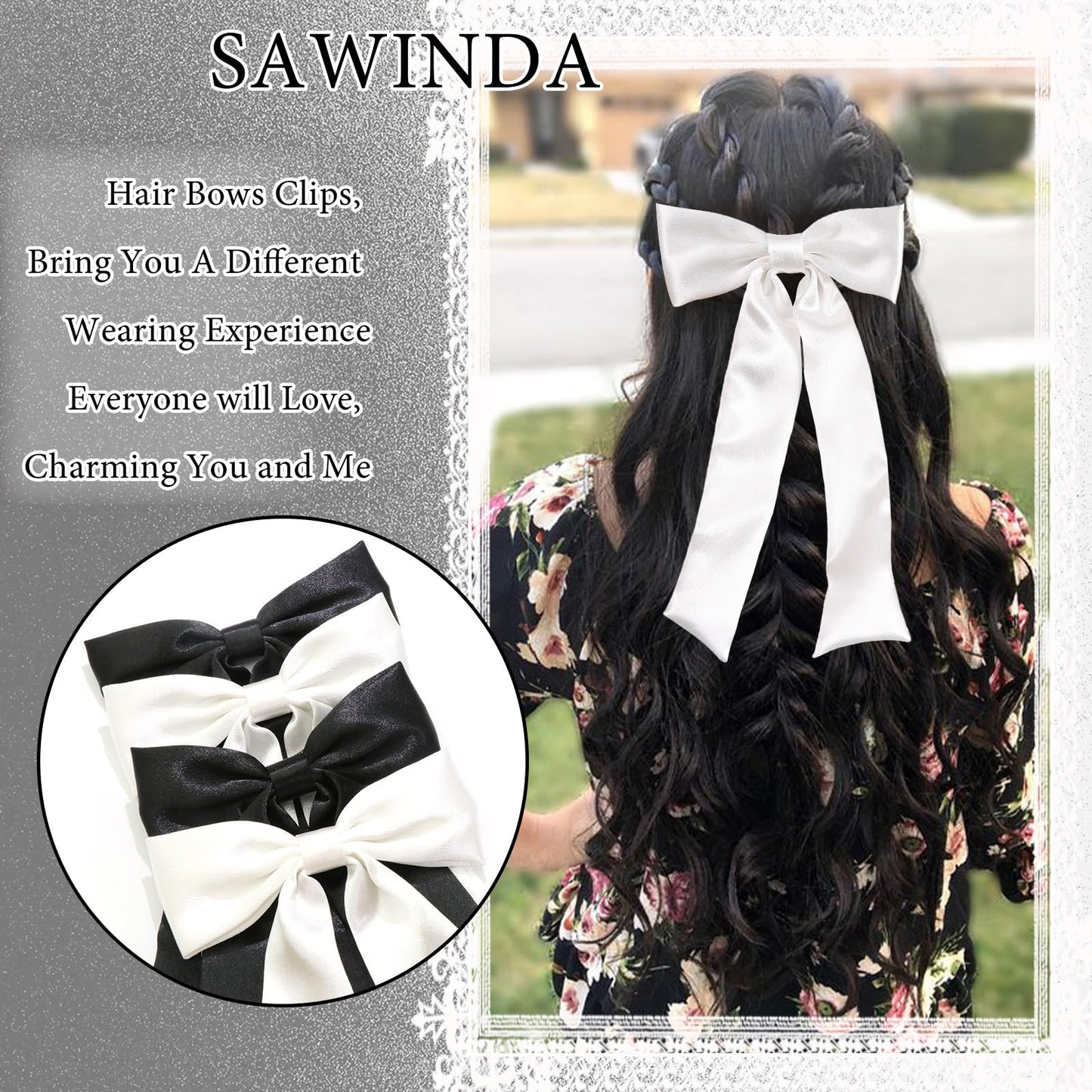 SAWINDA 4PCS Silky Satin Hair Bows for Women Black White Hair Ribbon Clip with Long Tail for Hair Daily Wear Wedding Party Prom Hair Bow Hair Accessories for Women Girls (Black*2&White*2)