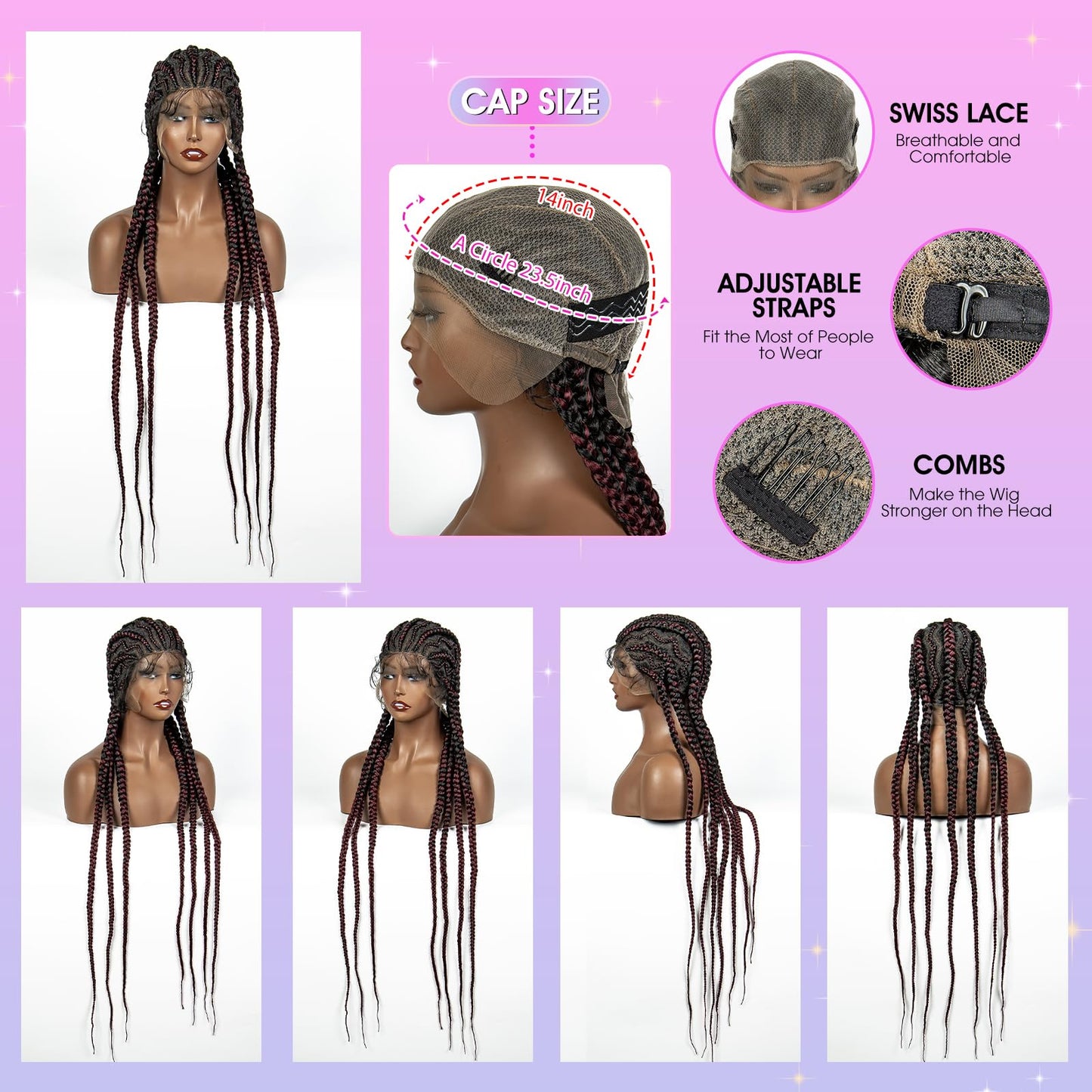 sedittyhair Braided Wigs Synthetic Full Head Lace Wig Braided Wigs for Black Women 36 Inches Braiding Hair Burgundy Color Lace Frontal Lightweight Artificial Braids Wigs with Baby Hair