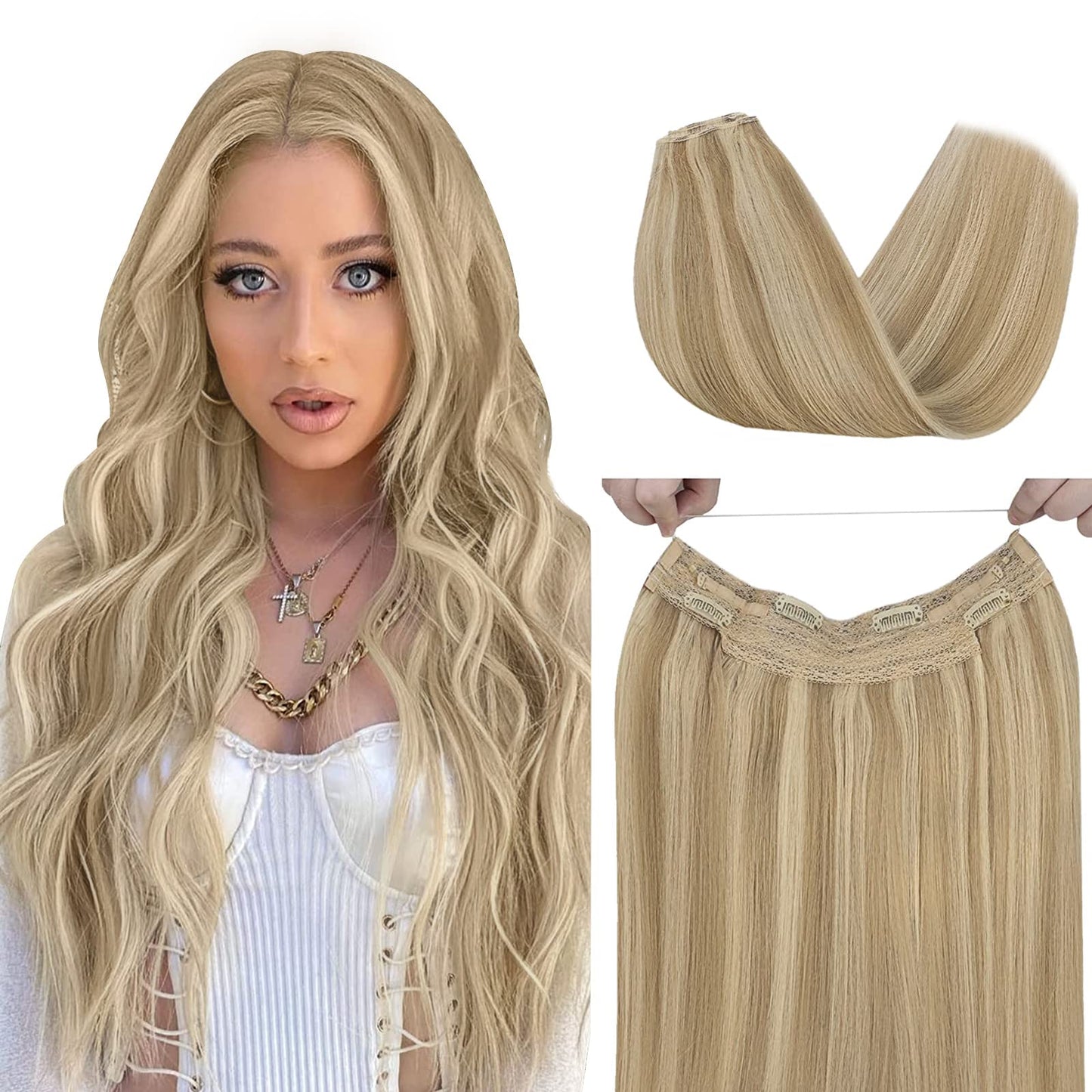Sailk Blonde Wire Hair Extensions Human Hair Real Fish Line Extensions Dirty Blonde Highlight Light Blonde Natural Invisible Hairpieces Hair Extensions 20 Inch 100g