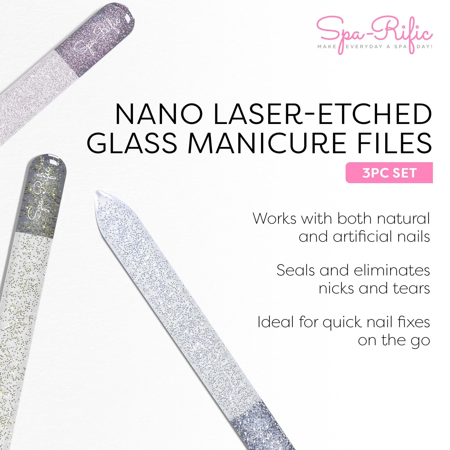 Spa-Rific Nano Laser Etched Glass Manicure Files 3pc Set, Professional Heavy Duty Nail Care Kit for Men, Women, and Adults
