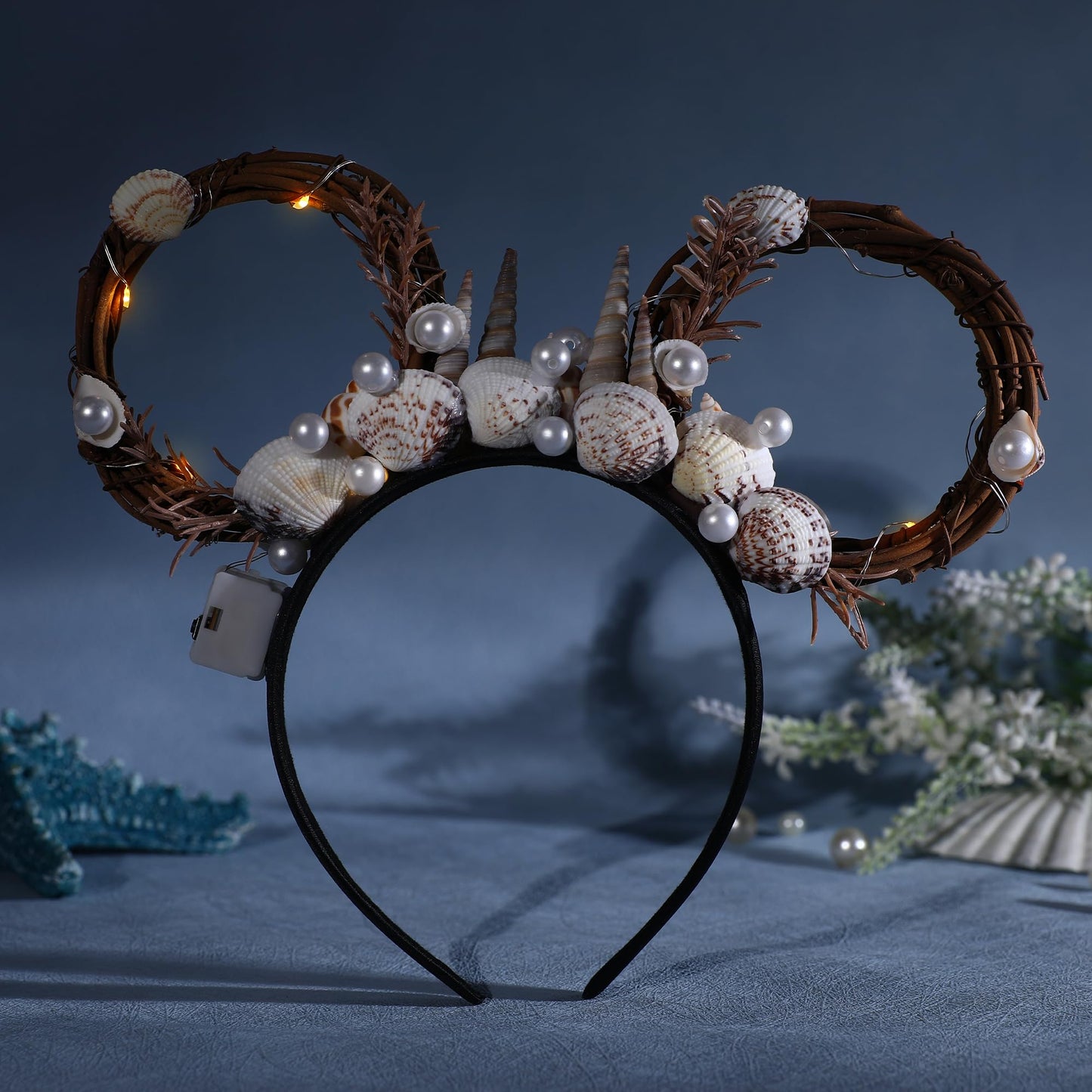VISSTREE Shell Mouse Ear Crown - LED Light Up Ocean Shell Mermaid Style Mouse Ear Headband for Women Girls Park Party Birthday Celebration Halloween Festival Cosplay Costume Props