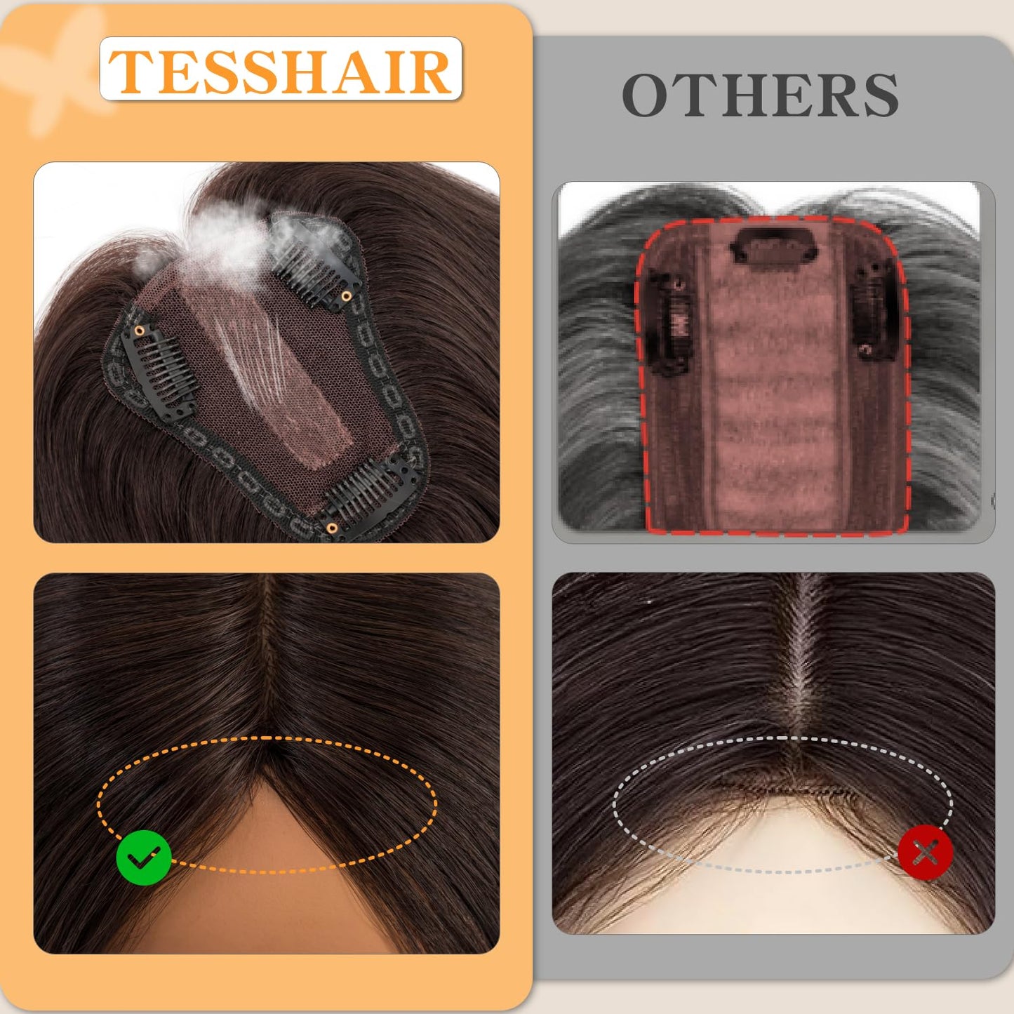 TESSHAIR Hair Toppers for Women Real Human Hair No Bangs Human Hair Toppers for Women 150% Density Toppers Hair Toppers for Thin Hair 10 Inch Toppers Hair Pieces for Women Natural Black #1B