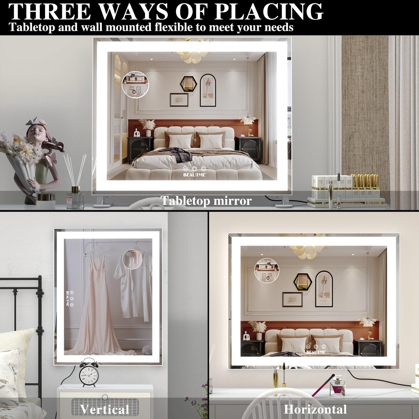 BEAUTME Vanity Mirror,Tabletop Makeup Mirror,Hollywood Mirror,LED Bedroom Mirror with Lights,Lighted Mirror, Aluminium Frame,48.5×40.5cm,White