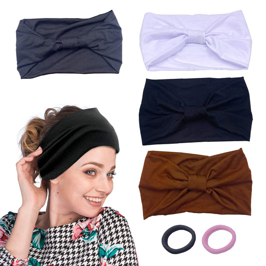 VENSO Wide Headbands for Women Ultimate Style and Comfort with great stretch - 4 Pack with 2 Hair Ties - Elevate Your Look with Chic Solid Colors - Perfect for Sports, Yoga, and Fashion everyday