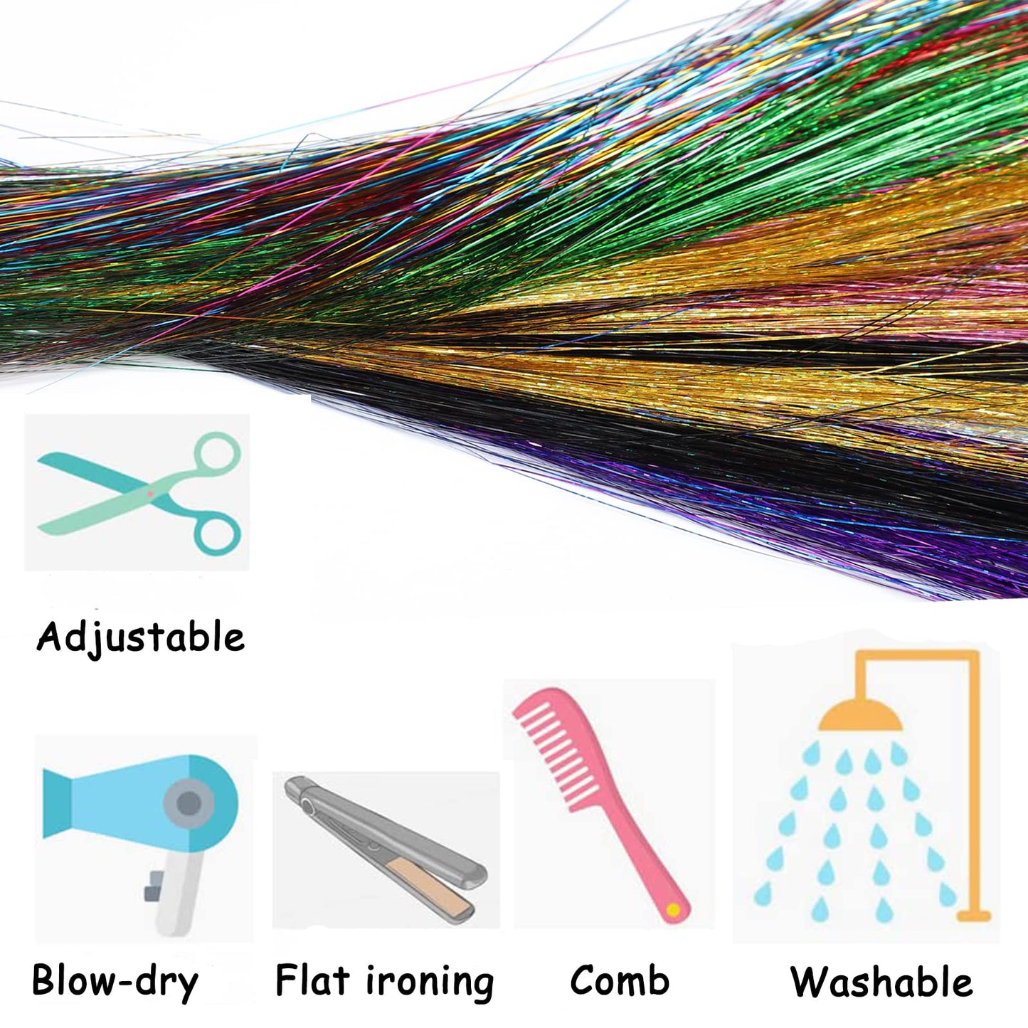 13 Colors Tinsel Hair Extensions-48 Inches Hair Tinsel Kit 2600 Strands Mixed Colors Tinsel Hair Extensions for Women Girls,Heat Resistant Sparkling Shiny hair tinsel kit