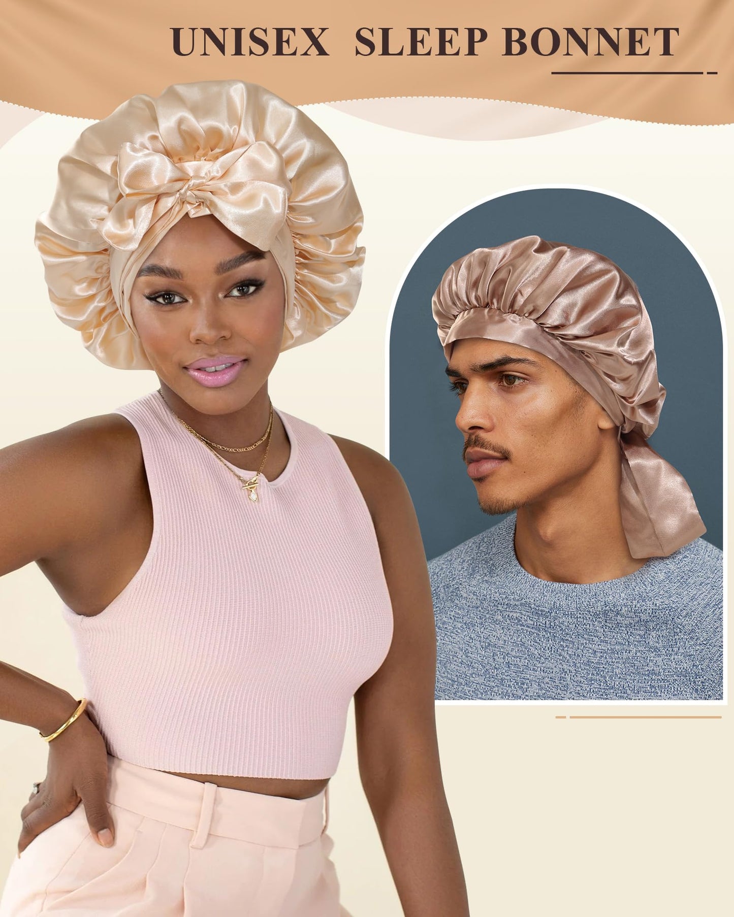 2PCS Satin Bonnet Silk Bonnet for Sleeping Women Curly Hair Bonnet with Tie Band Bonnet Sleep Cap (US, Numeric, 7 7/8, 8, Beige + Champagne)