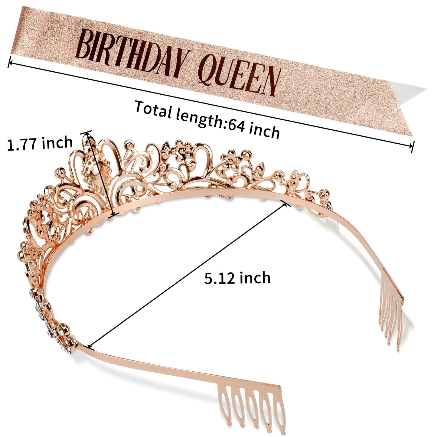 Rose Gold Crown for Women Birthday Queen Sash & Rhinestone Tiara Set Birthday Decoration Rhinestone Headband Glitter Crystal Hair Accessories for Party(Rose Gold1&Sash)