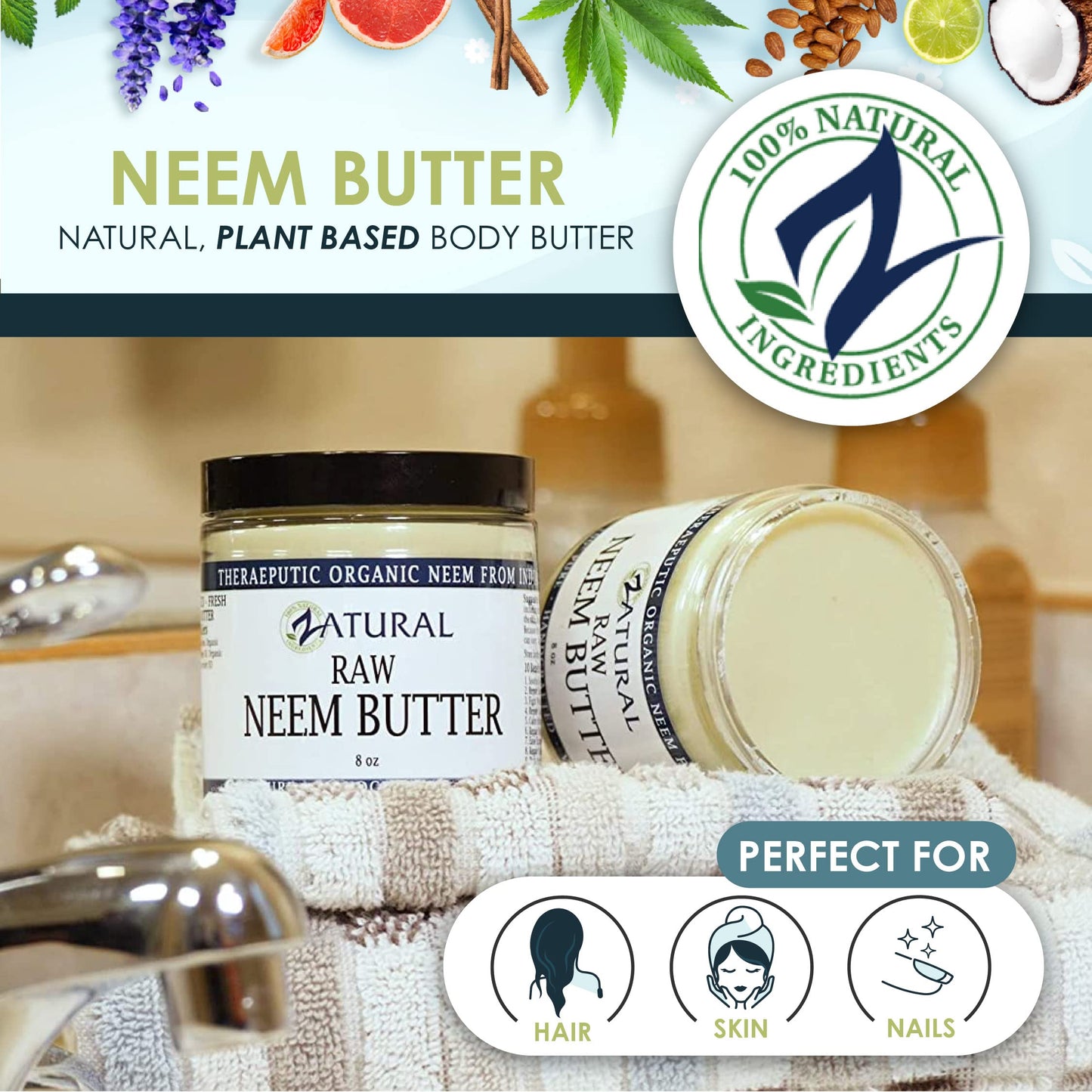 Organic Neem Butter-Coconut Oil, Neem Oil, Neem Leaf, Marula Oil, Kokum Butter, Rosemary, For Sensitive Skin, Itchy Skin, 4 Pack, 8 oz. Jars