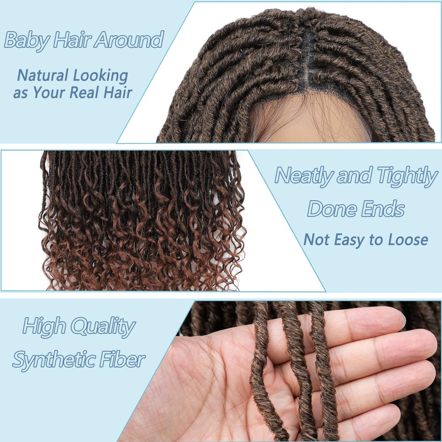POSYTRESS 36 Inch Goddess Faux Locs Braided Wigs for Women Embroidery Lace Front Braided Wig with Curly Ends Knotless Full Lace Synthetic Goddess Locs Wig Brown Color Square Based Braided Wigs (#30)