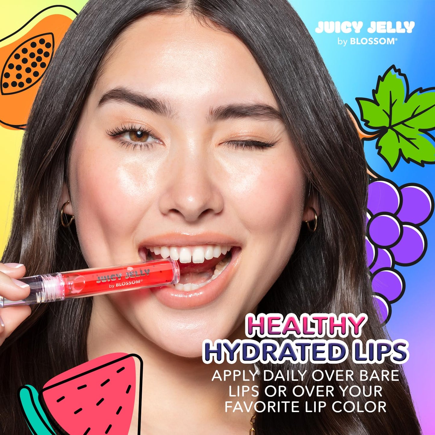 Blossom Juicy Jelly Moisturizing Lip Care Fruit Flavored Nourishing Lip Oil with Doe Foot Wand Applicator, 0.09 fl oz, Papaya