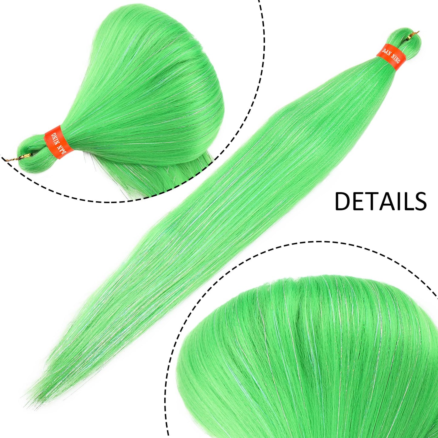 Neon Green Pre Stretched Braiding Hair With Tinsel Glitter 30 Inch Box Braid Hair Extensions Shinny 3 Packs Yaki Texture Pre Feathered Festival Braids Hair