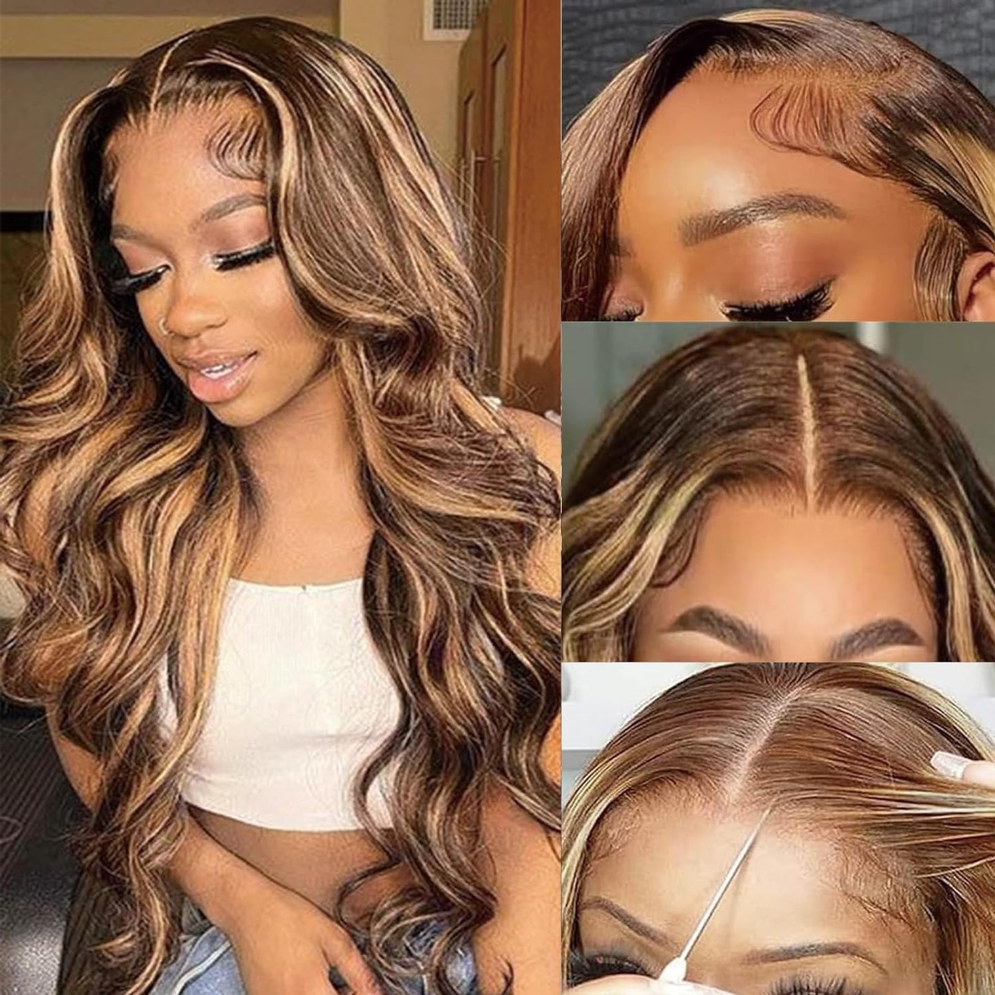 SUNTU Highlight Ombre HD Transparent 13x4 Lace Front Wigs Honey Blonde P4/27 Body Wave Lace Front Wigs Brazilian Human Hair for Black Women Pre Plucked with Baby Hair (16 Inch)