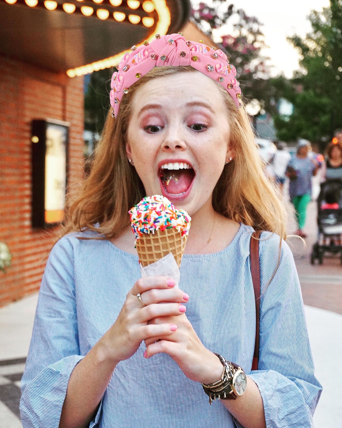 ZOLEAROPY Summer Ice Cream Knotted Headband Sparkle Rhinestone Jeweled Pink Wide Headband Cute Icecream Top Knot Headband Candy Birthday Party Headband