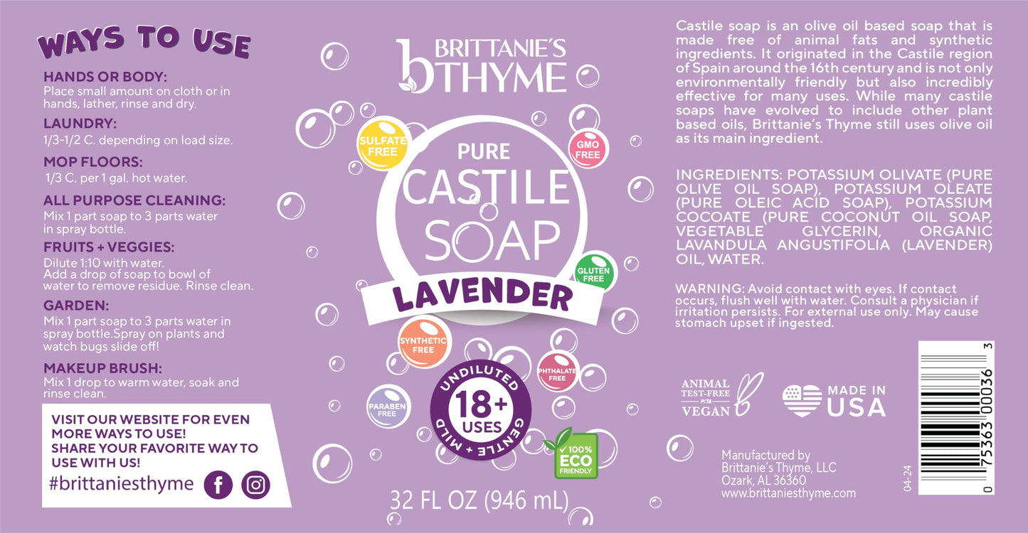 Brittanie's Thyme Pure Castile Liquid Soap Refill | For Hair & Body, Gentle and Pure, Made with Natural Luxurious Oils, Vegan & Gluten Free Non-GMO (Lavender, 32 oz (Pack of 2))