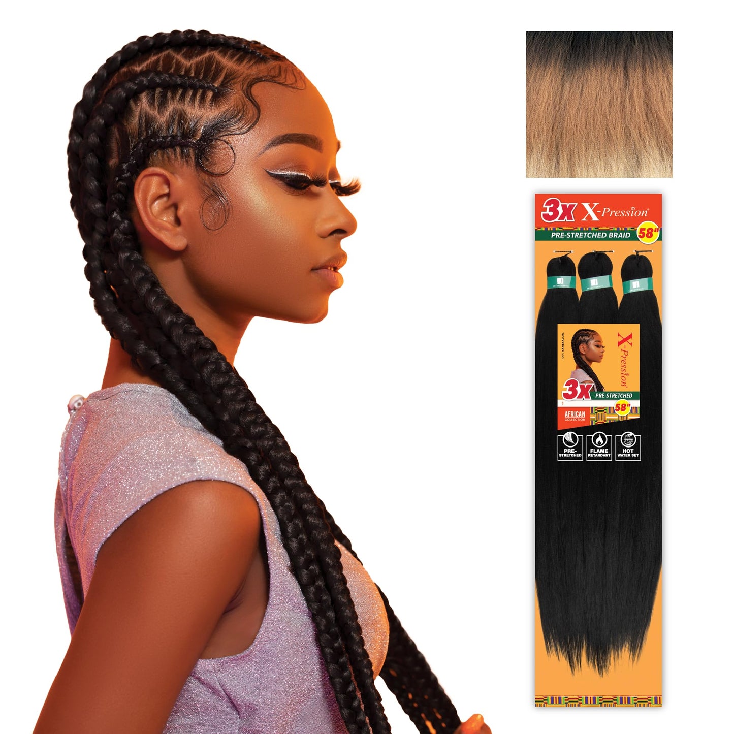 Sensationnel Xpression prestretched braiding hair - 3x xpression 58-inch flame retardant smooth yaki braid - 3x x-pression 58 inch (2 pack, 3T2/27/613)
